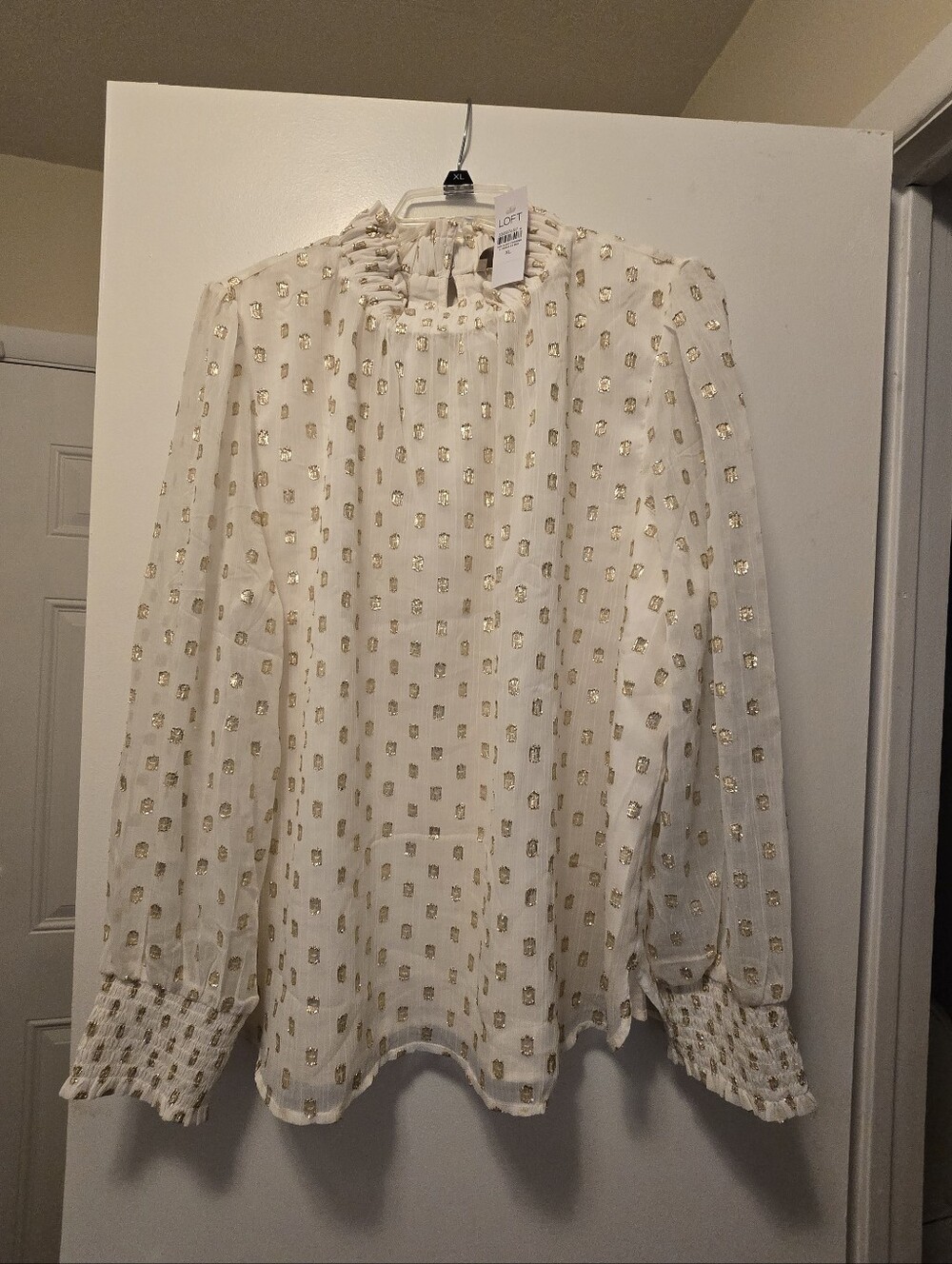 LOFT Metallic Shimmer Gold Dot Mock Neck Ruffle Blouse Size XL